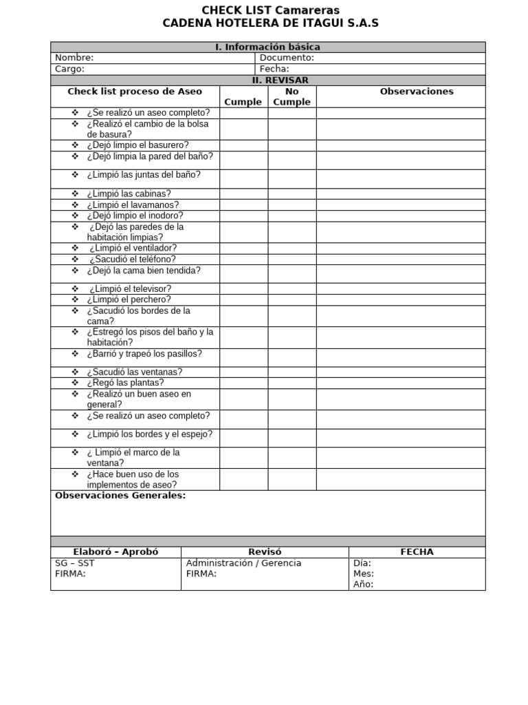 Check List de Aseo para Camareras | PDF