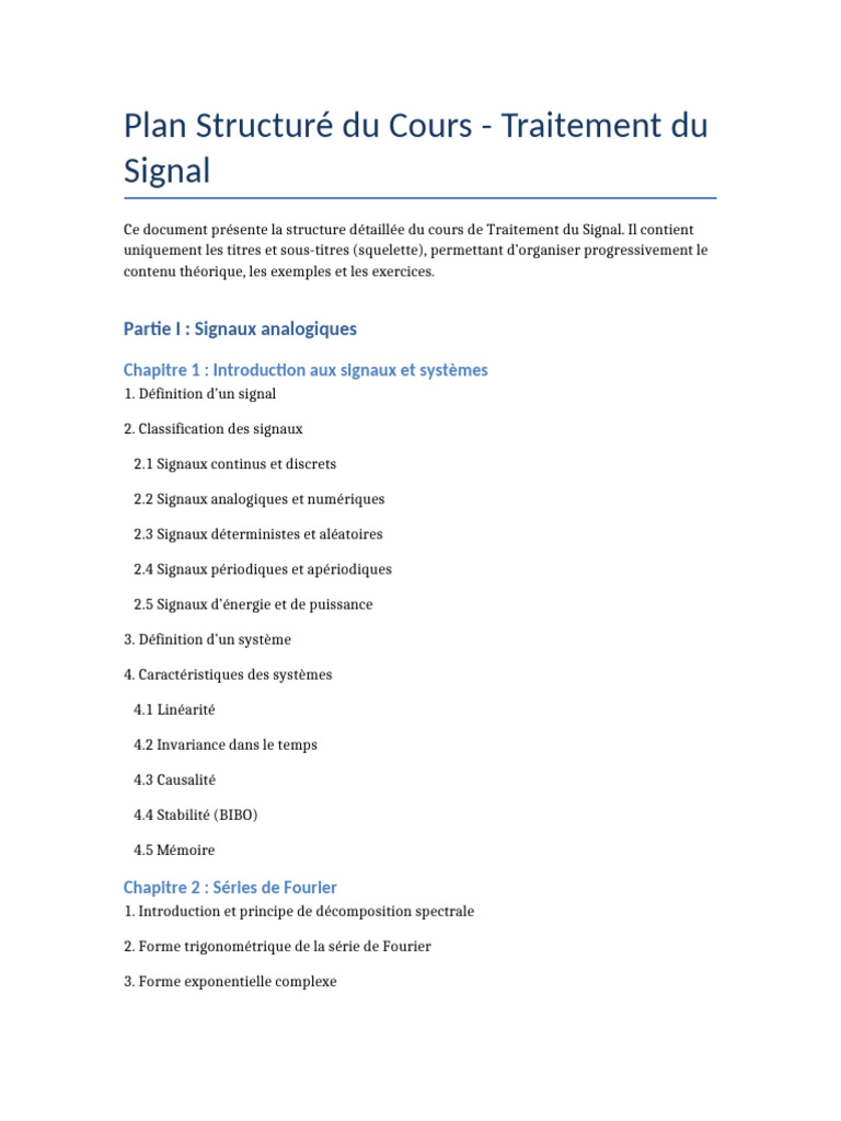 Plan de Cours : Traitement du Signal | PDF | Transformation de Fourier ...