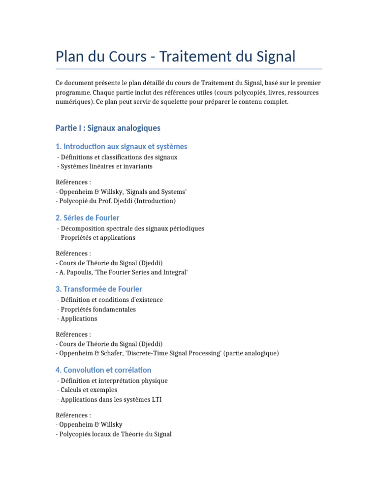 Plan de Cours en Traitement du Signal | PDF | Transformation de Fourier ...