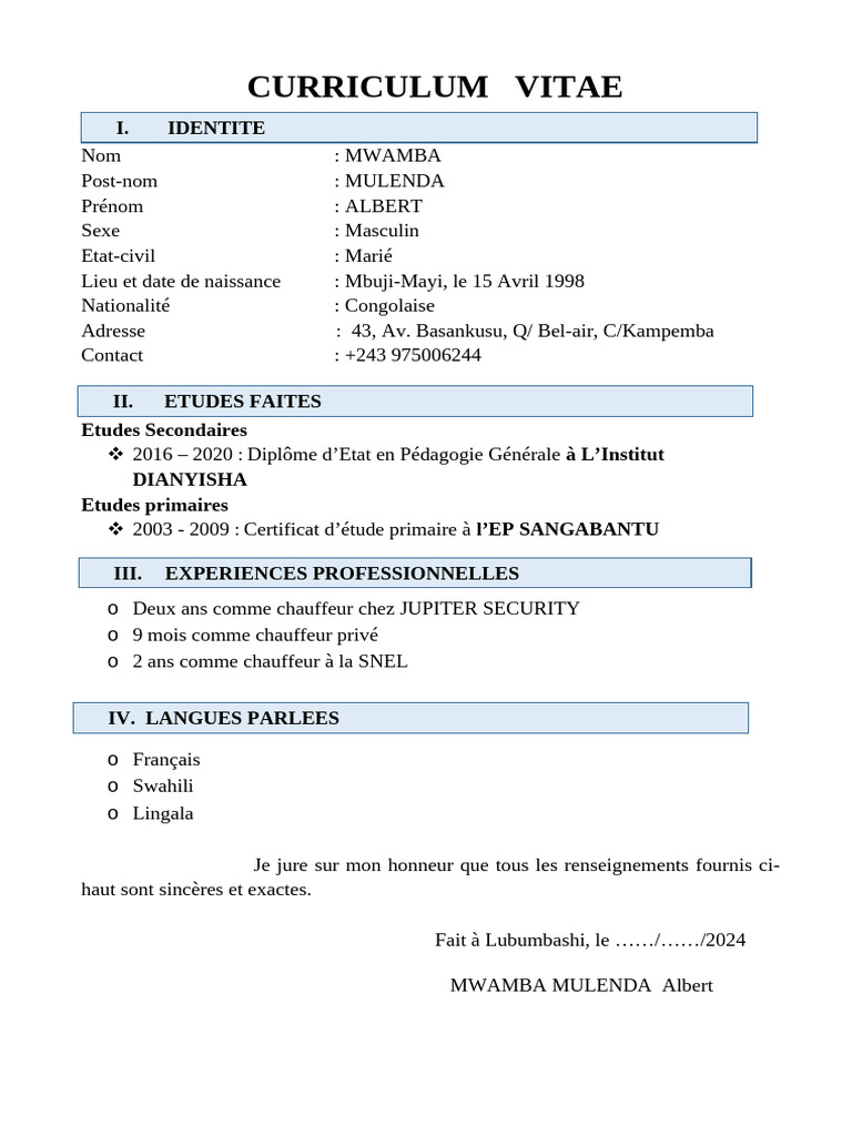 CV d'Albert Mwamba Mulenda | PDF