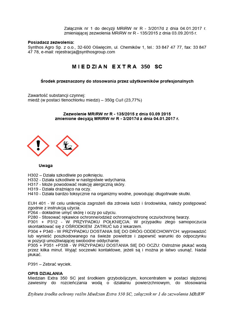 Miedzian Extra 350 SC Zast.prof | PDF