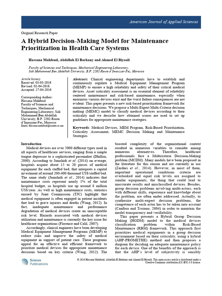 A Hybrid Decision-Making Model For Maintenance Prioritization in Health ...