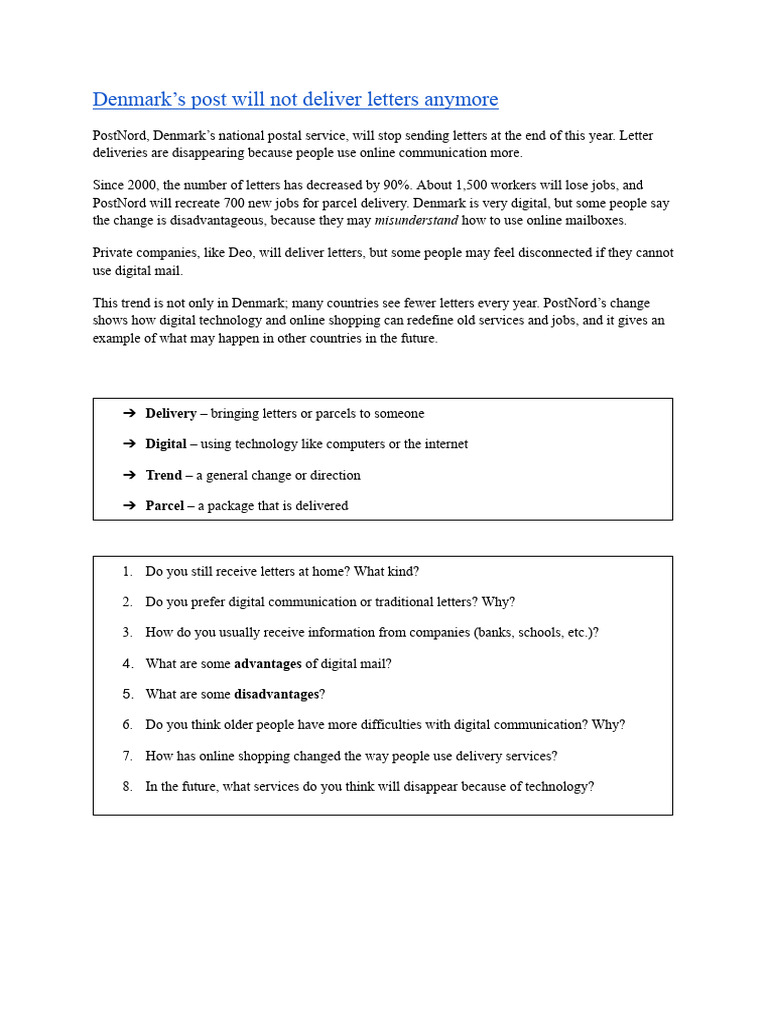 Denmark's Post Will Not Deliver Letters Anymore - Prefixes B1 | PDF