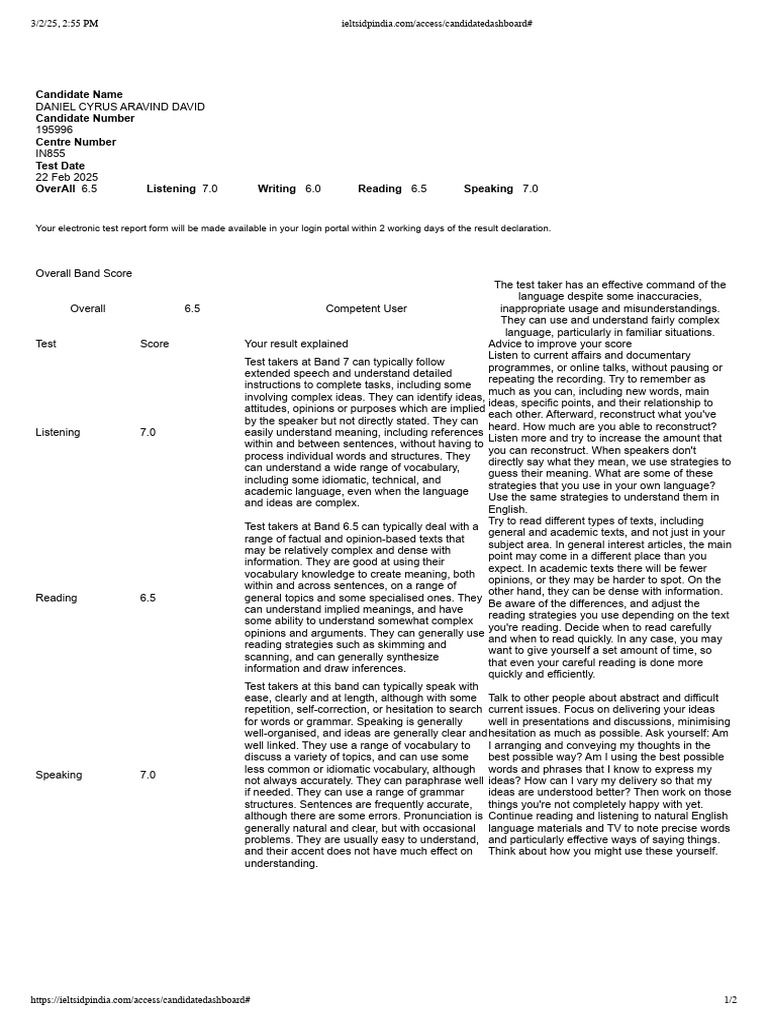 IELTS Test Results for Daniel David | PDF | International English ...
