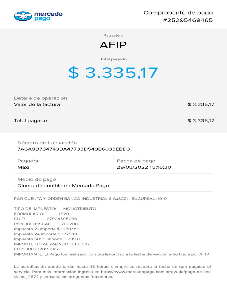 Comprobante de Pago AFIP Monotributo | PDF