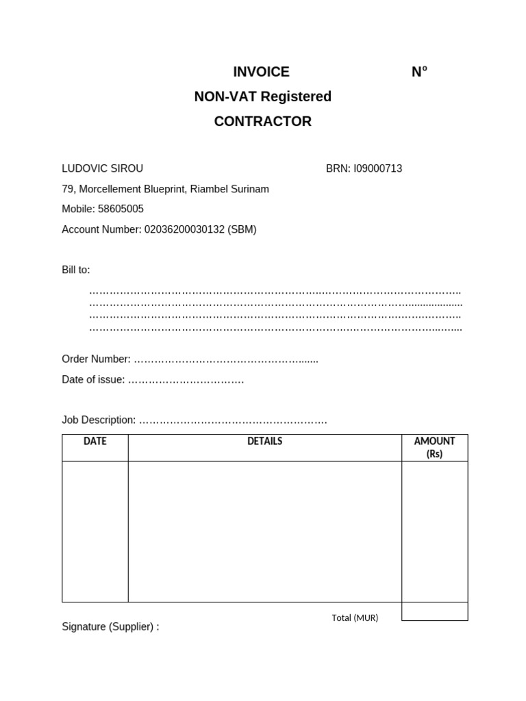 Non-VAT Invoice Template for Contractors | PDF