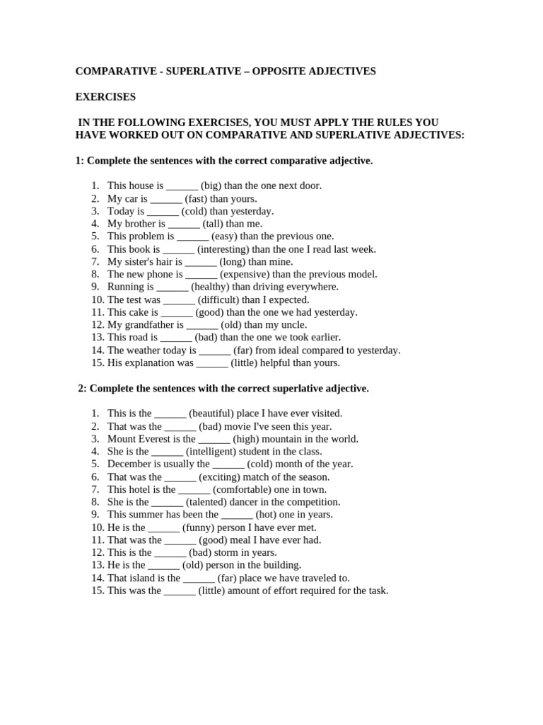Ejercicios de Adjetivos Comparativos y Superlativos en Ingles | PDF ...