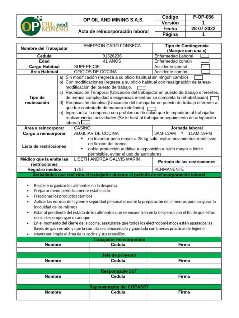 F-OP-056 Acta de Reincorporación Laboral | PDF