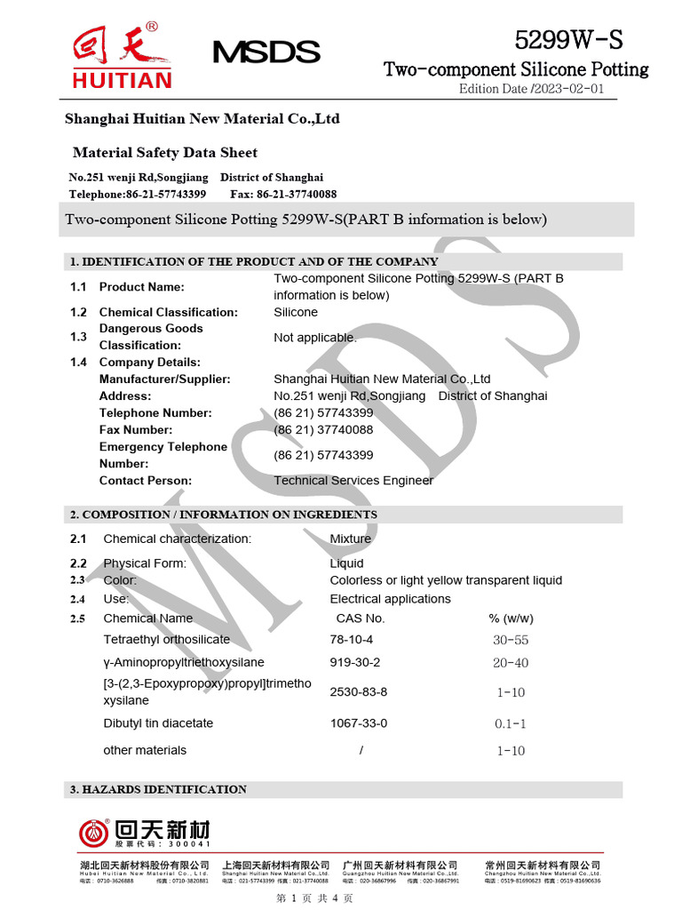 Two-Component Silicone Potting MSDS | PDF | Fires | Water