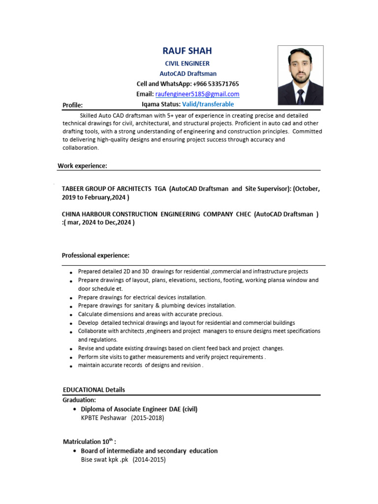 Rauf Shah: Civil Draftsman CV | PDF | Technical Drawing