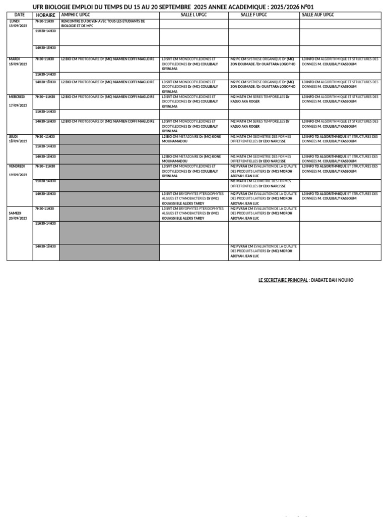 Emploi du temps UPGC 15-20 Sept 2025 | PDF