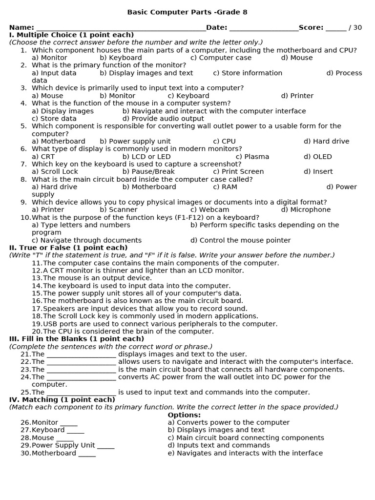 Grade 8 Computer Parts Quiz | PDF | Computer Monitor | Computer Keyboard