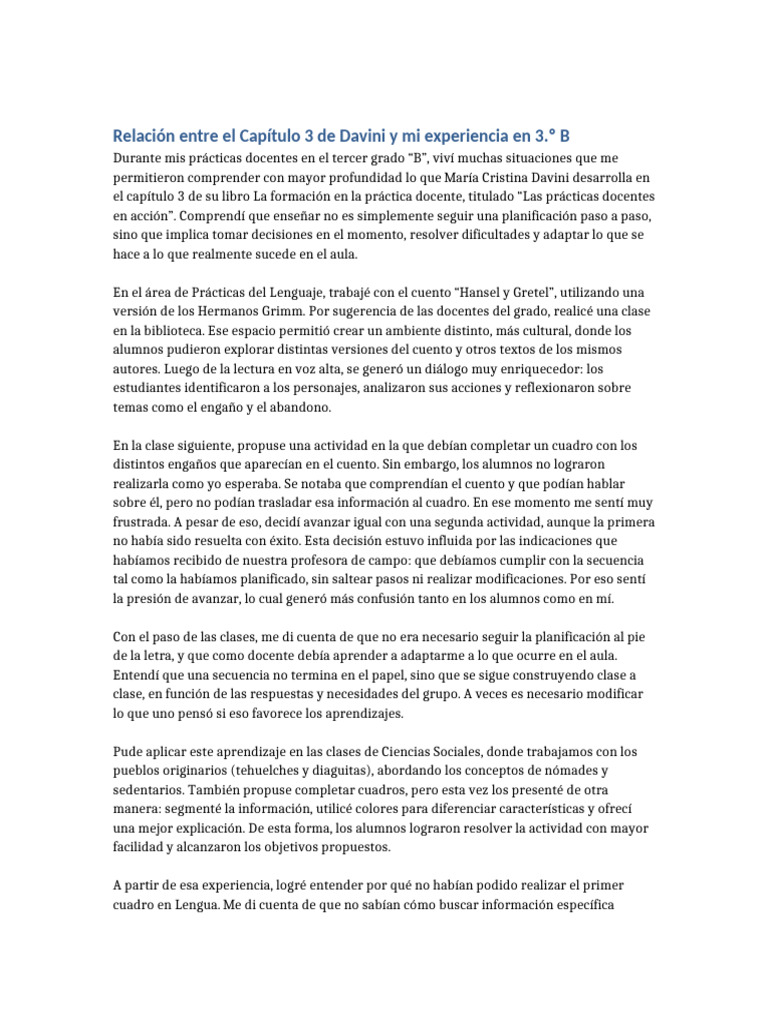 Relación Davini Experiencia 3B v2 | PDF | Aprendizaje | Enseñando