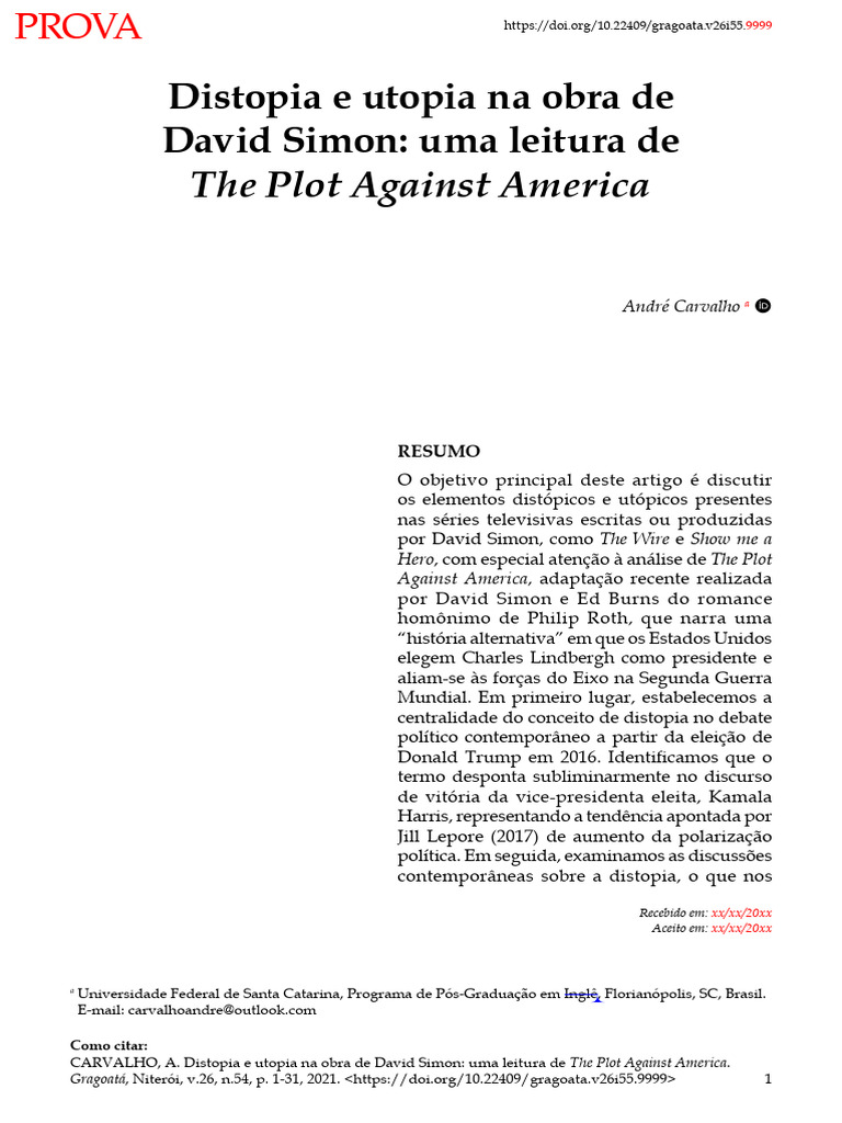 The Plot Against America Distopia e Utopia Na Obra de David Simon PDF