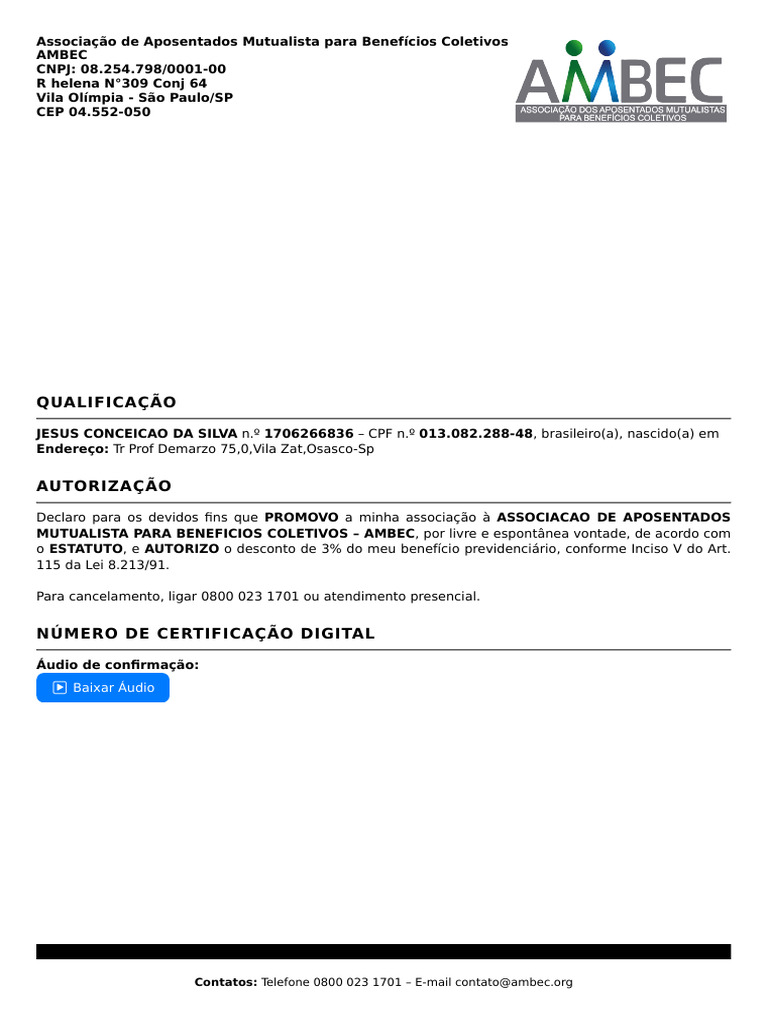 Dados da AMBEC e Autorização de Desconto | PDF