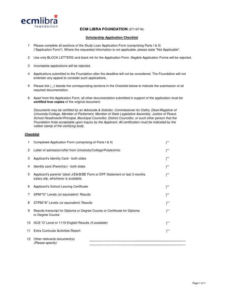 ECM Libra Foundation Scholarship Checklist | PDF