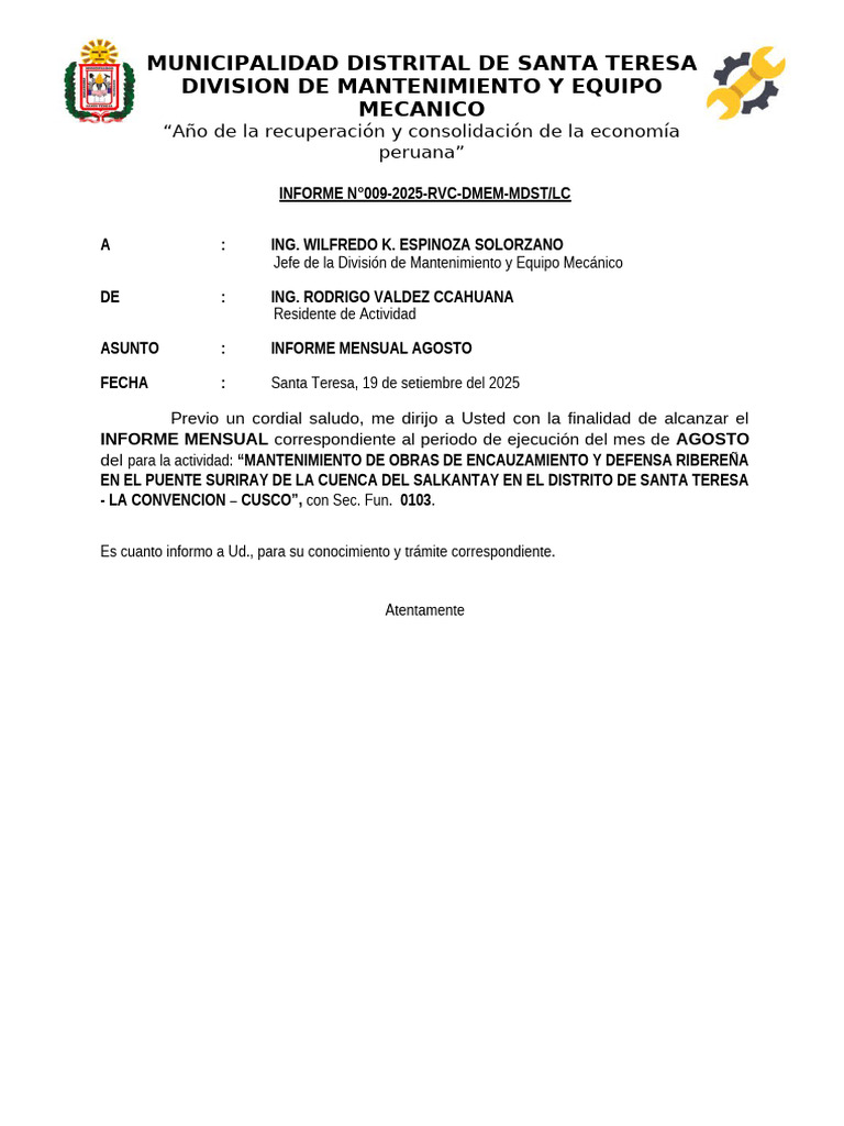 Informe 009 - Informe Mensual Agosto | PDF