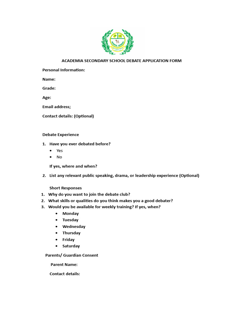 Class 6 Debate Club Application Form | PDF