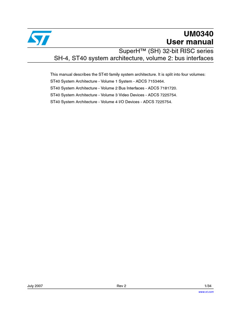 Um0340 Superhsh 32bit Risc Series Sh4 St40 System Architecture Volume 2 ...