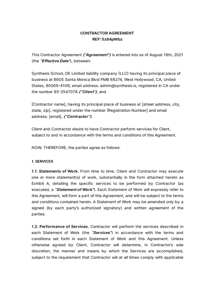 Contractor Agreement Template for Services | PDF | Employment | Legal ...