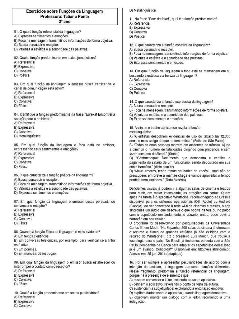 Funções da Linguagem: Exercícios e Questões | PDF