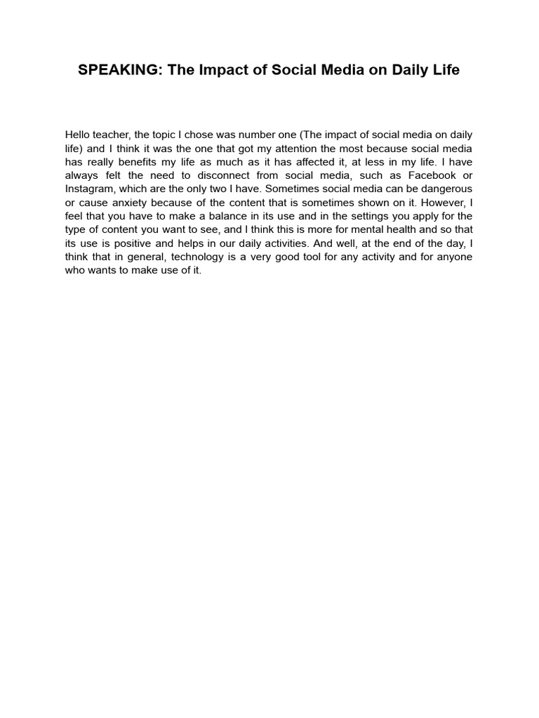 SPEAKING - The Impact of Social Media On Daily Life | PDF