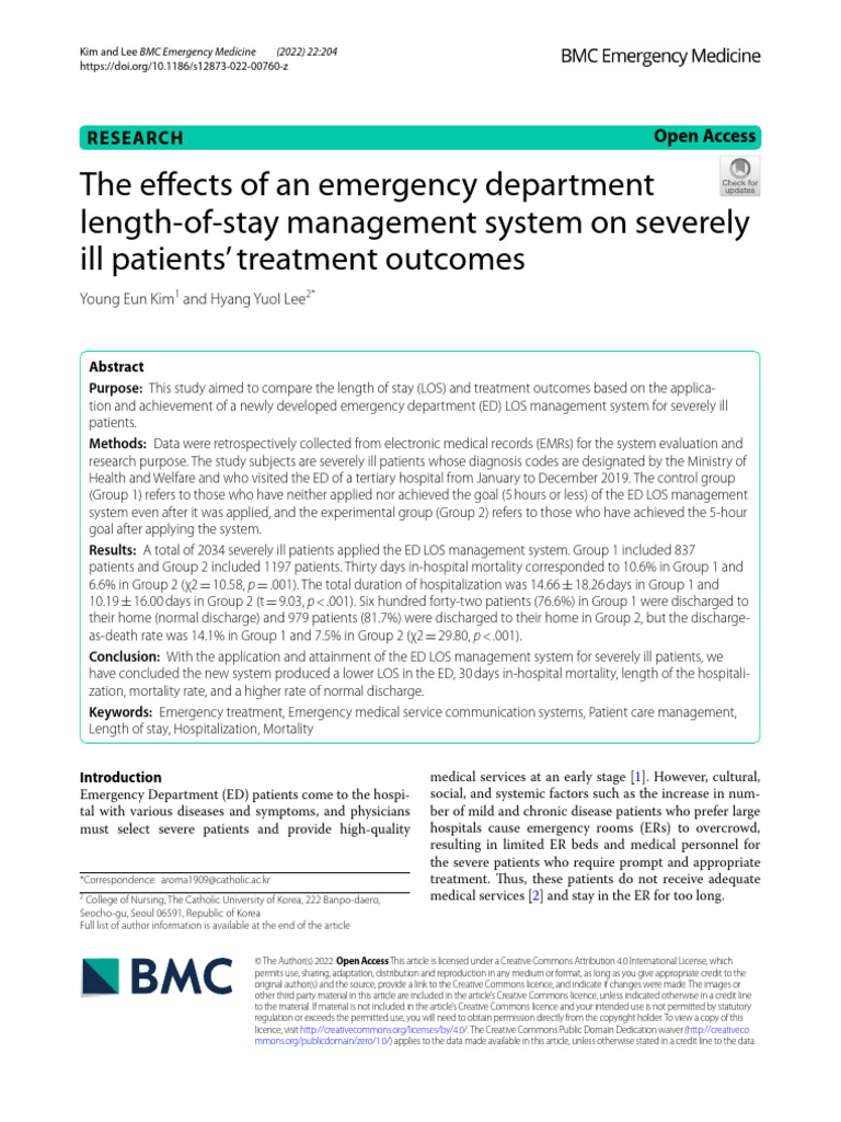 The Effects of An Emergency Department Length-Of-Stay Management System ...