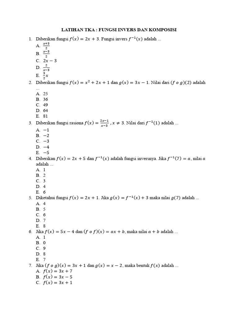 Latihan Soal Fungsi Invers TKA | PDF