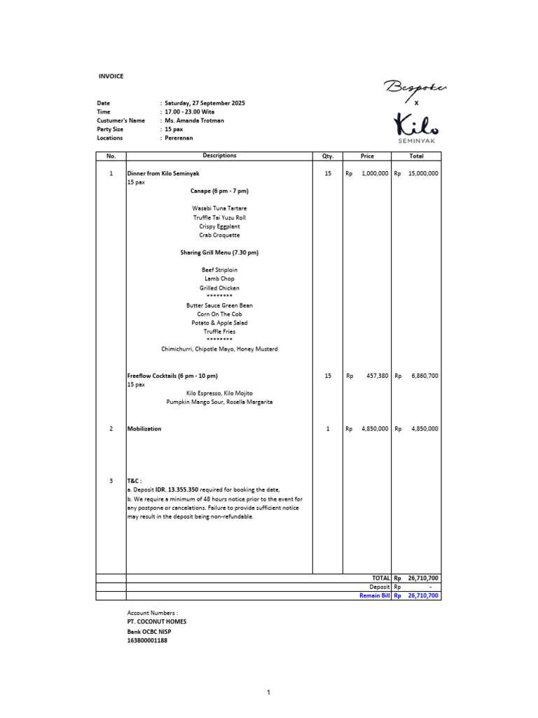 Invoice for Amanda Trotman's Event | PDF | Foods | Cuisine