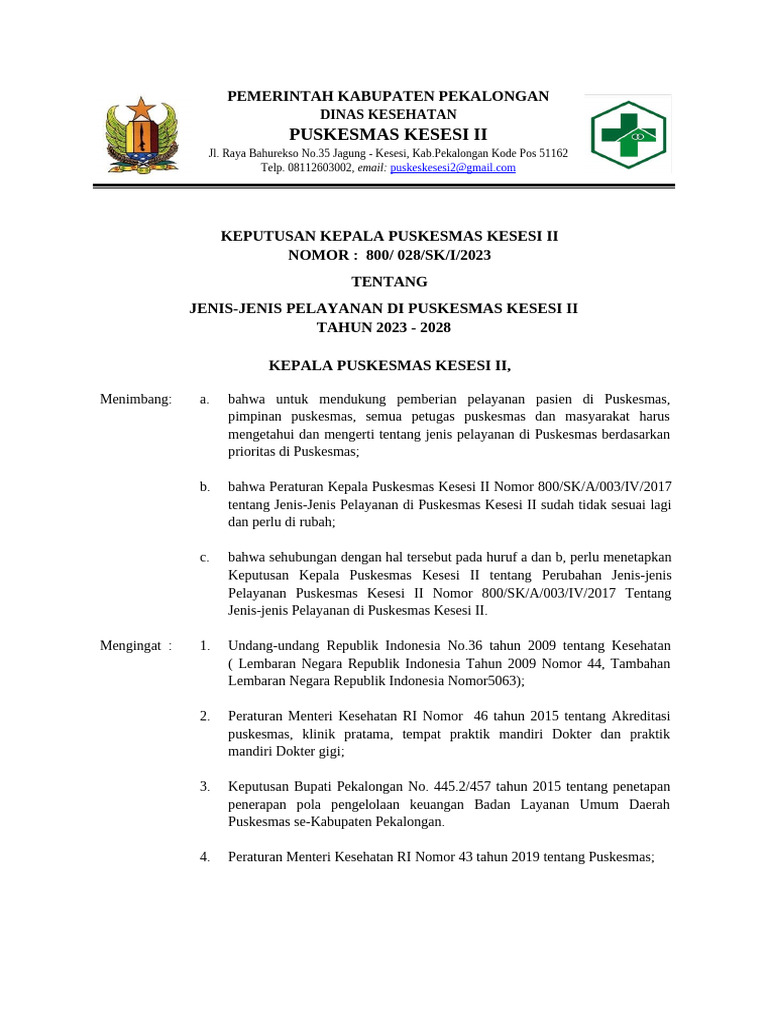Jenis Pelayanan Puskesmas Kesesi II 2023 | PDF