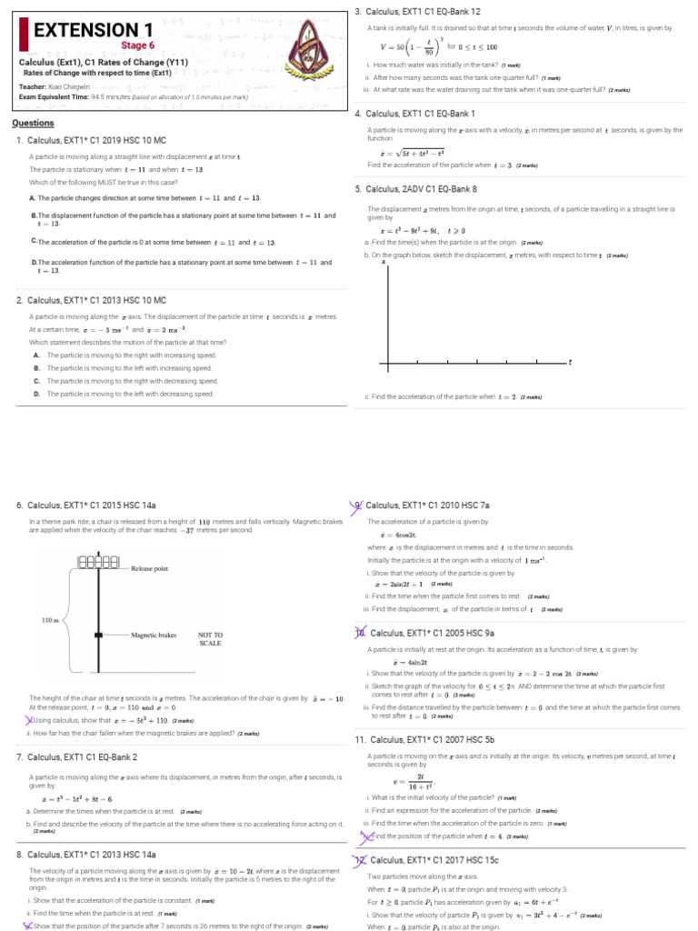 Calculus Extension 1 Exam Questions | PDF | Acceleration | Velocity