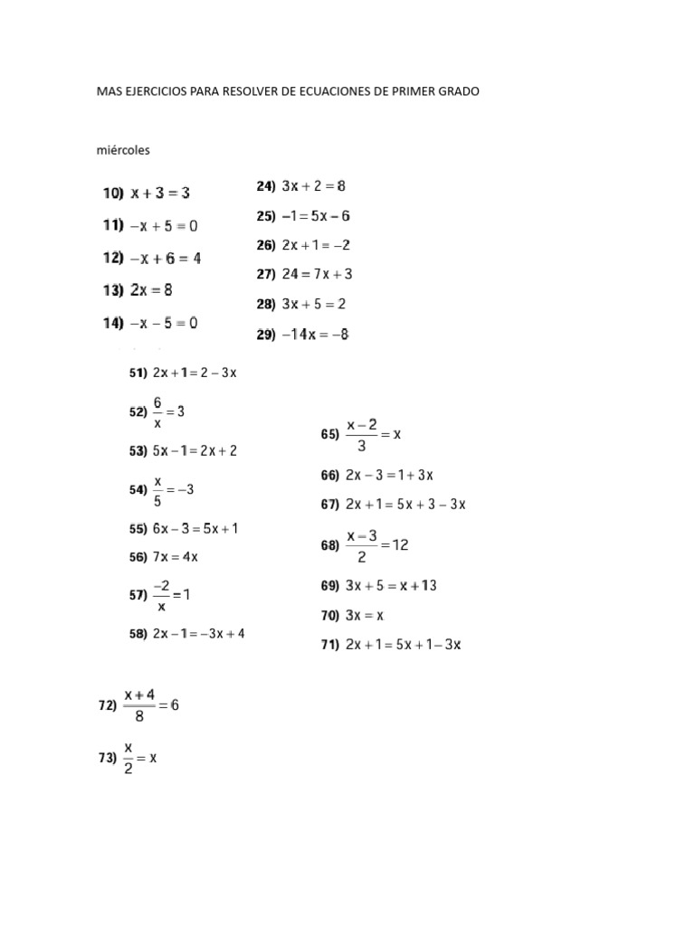 Ejercicios para Resolver de Ecuaciones de Primer Grado | PDF