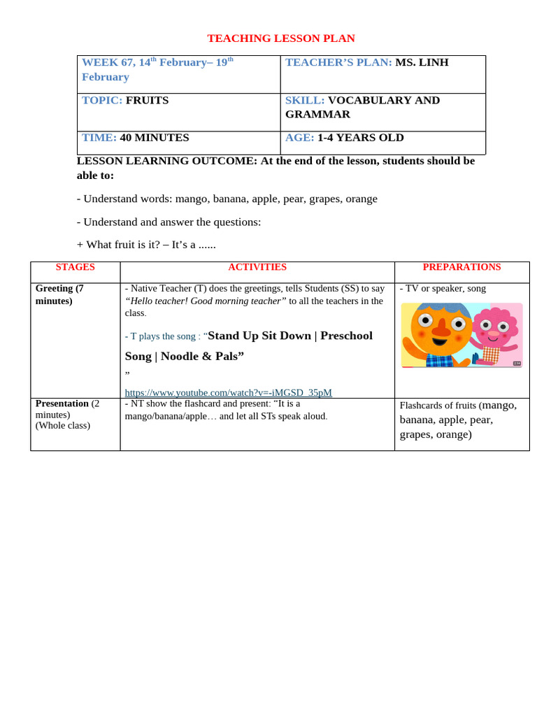 Teaching Lesson Plan 1-4 Yo - 14.04 - 19.04 | PDF | Linguistics | Human ...
