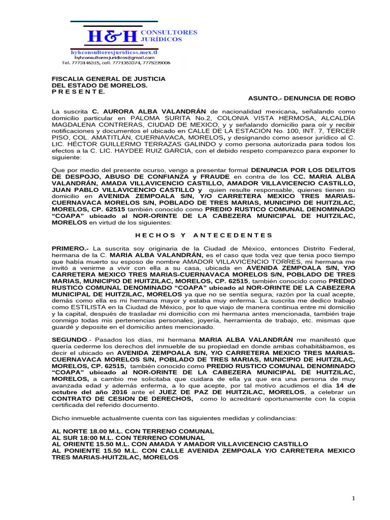 Denuncia de Robo y Despojo en Morelos | PDF | Justicia | Crimen y violencia
