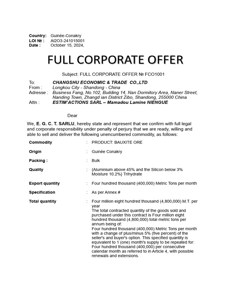 Bauxite Ore Full Corporate Offer FCO1001 | PDF | Letter Of Credit ...