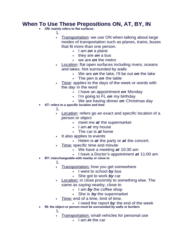Prepositions Guide: ON, AT, BY, IN Usage | PDF | Transport