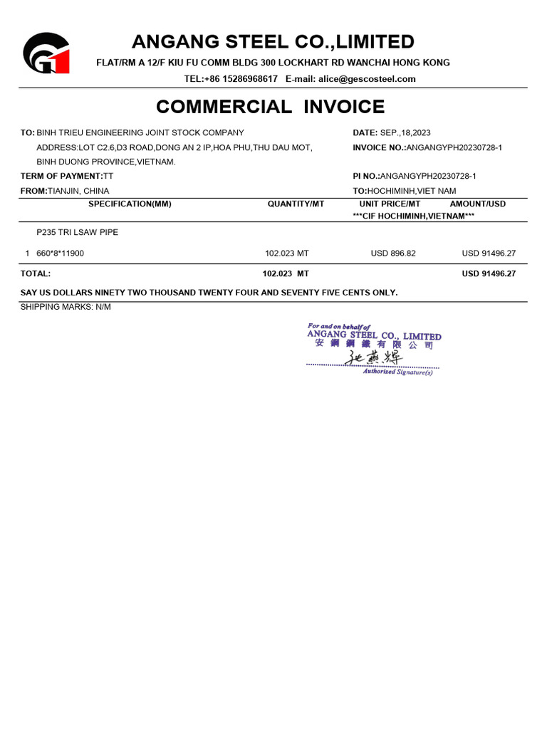 Angang Steel Invoice & Packing List | PDF