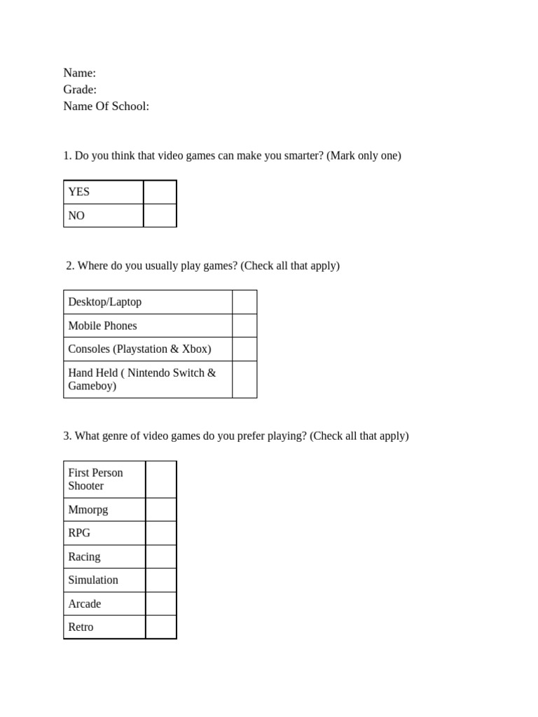 Video Game Impact on Skills Survey | PDF | Video Games | Electronic Games