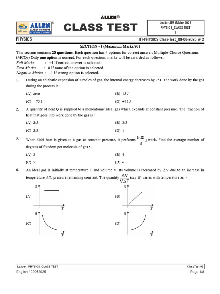 SC Physics ClassTest-02 | PDF | Gases | Continuum Mechanics