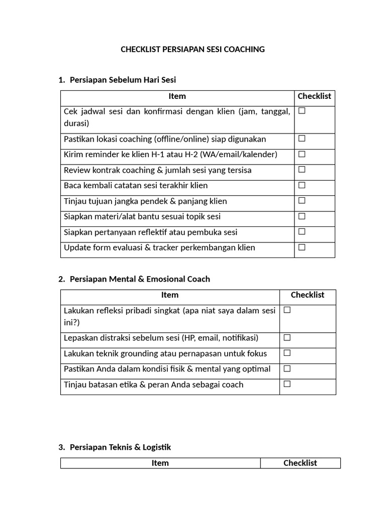 Checklist Persiapan Sesi Coaching Efektif | PDF