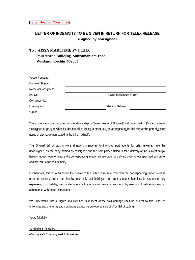 Indemnity Letter for Telex Release | PDF