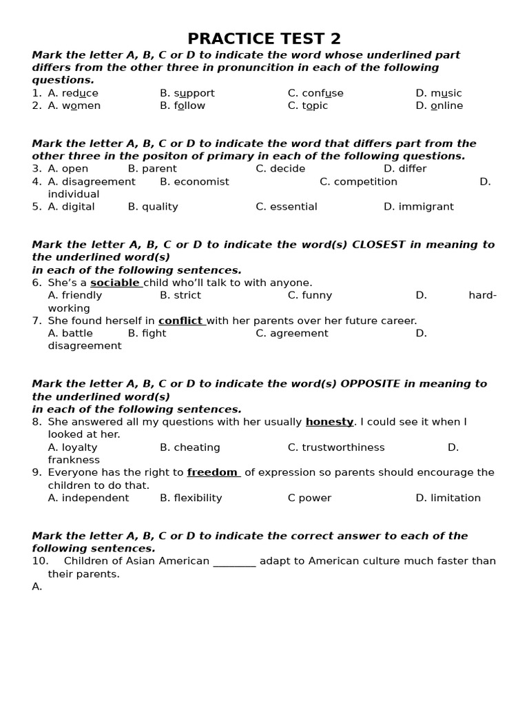 Pronunciation and Vocabulary Practice Test | PDF
