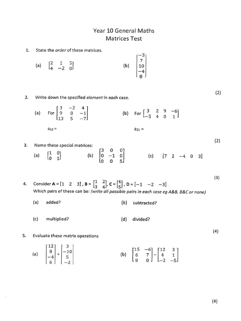 Matrices Test 1' | PDF