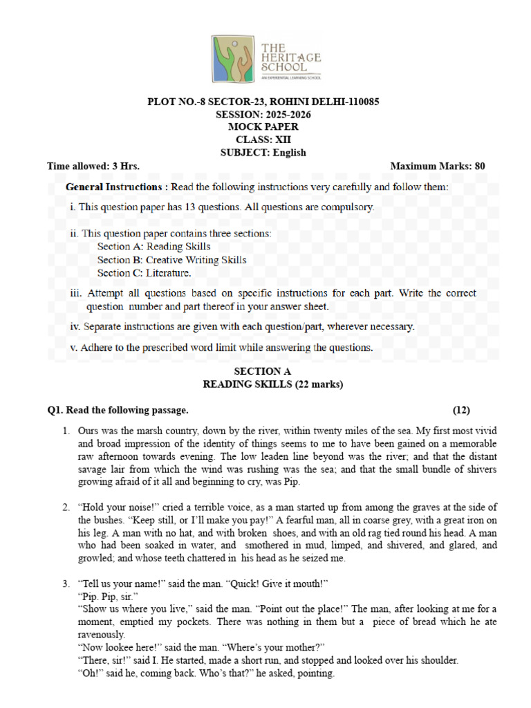 English Mock Paper for Class XII | PDF | Mentorship | Great Expectations