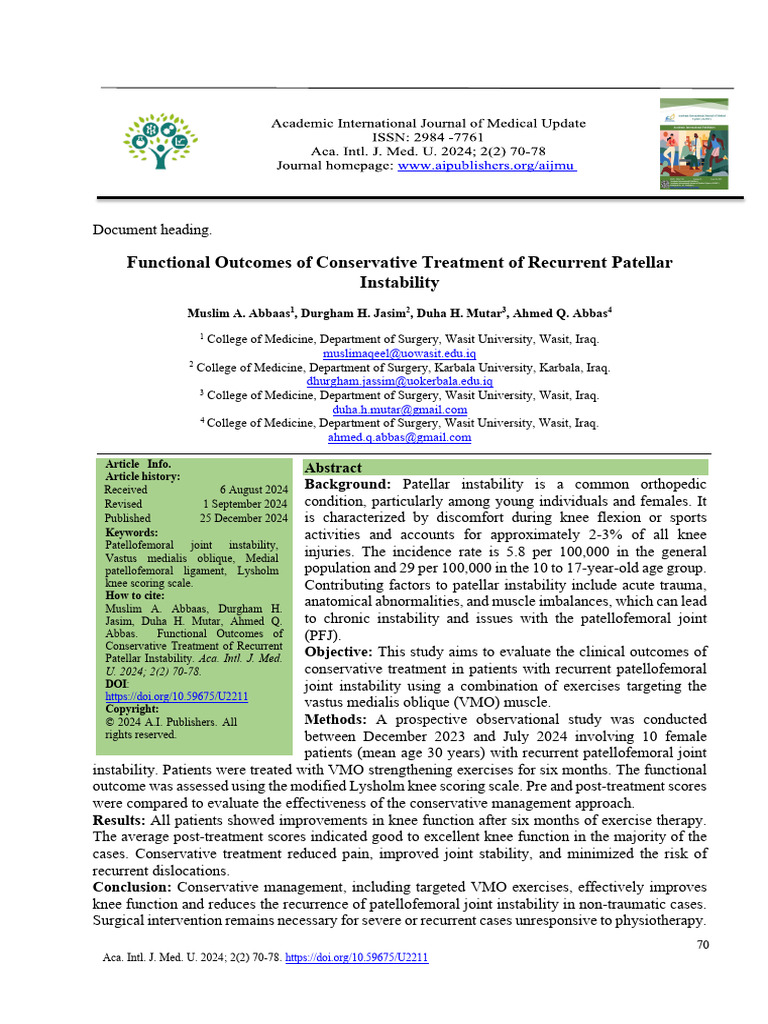 Conservative Treatment for Patellar Instability | PDF | Knee | Medical ...
