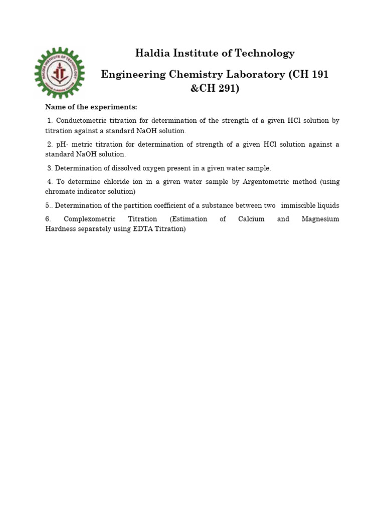 Engineering Chemistry Lab Experiments | PDF | Titration | Chemistry