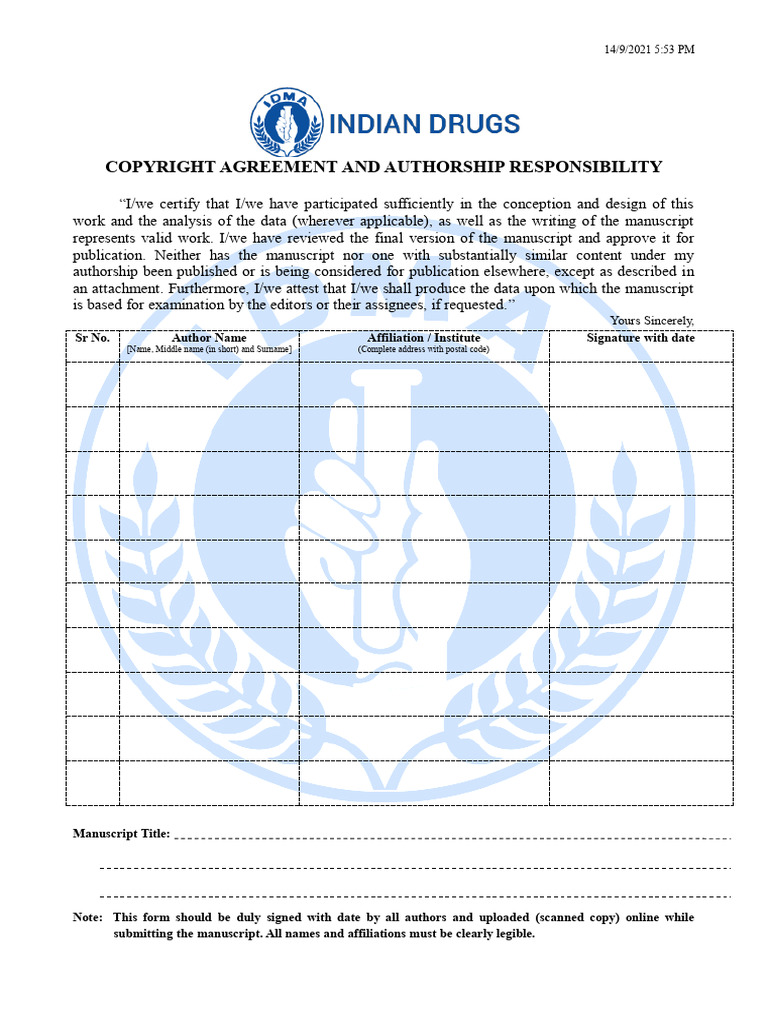 Copyright Agreement for Manuscript Submission | PDF