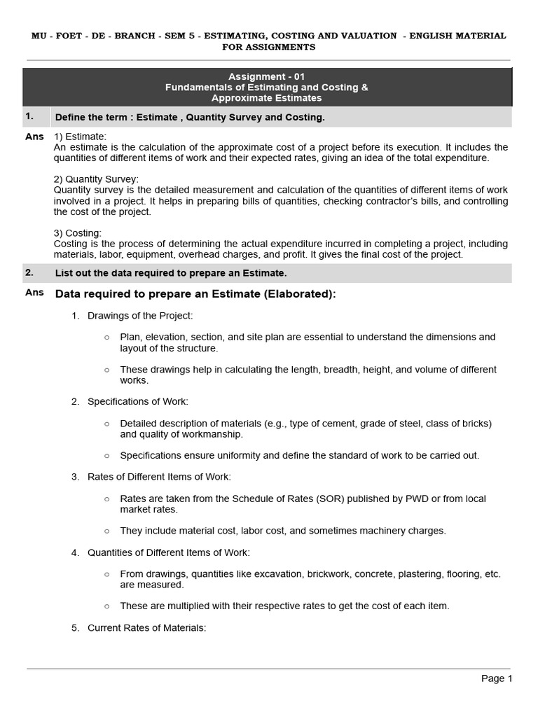 Estimating and Costing Fundamentals Guide | PDF | Length | Concrete