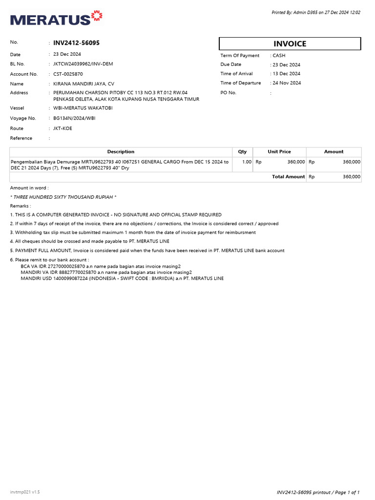 Invoice for Demurrage Charges - Dec 2024 | PDF | Indonesian Rupiah ...