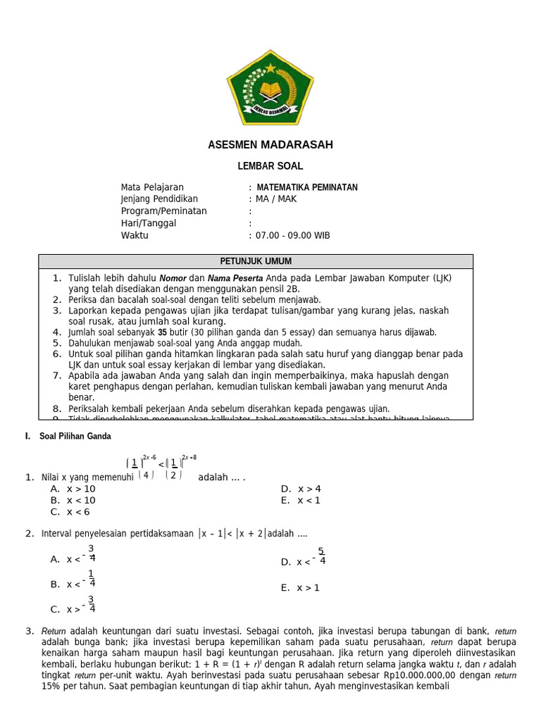 Soal Ujian Matematika Peminatan MA/MAK | PDF